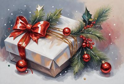 The primary subject of the image is a beautifully wrapped gift, adorned with a bow and a wreath of berries. The setting is a snowy background, which adds a touch of winter charm to the scene. The visual style is a painting, showcasing the artist's skill in capturing the details and colors of the gift and its surroundings. The colors and mood of the image are predominantly warm and festive, with the red bow and berries adding a pop of color to the otherwise